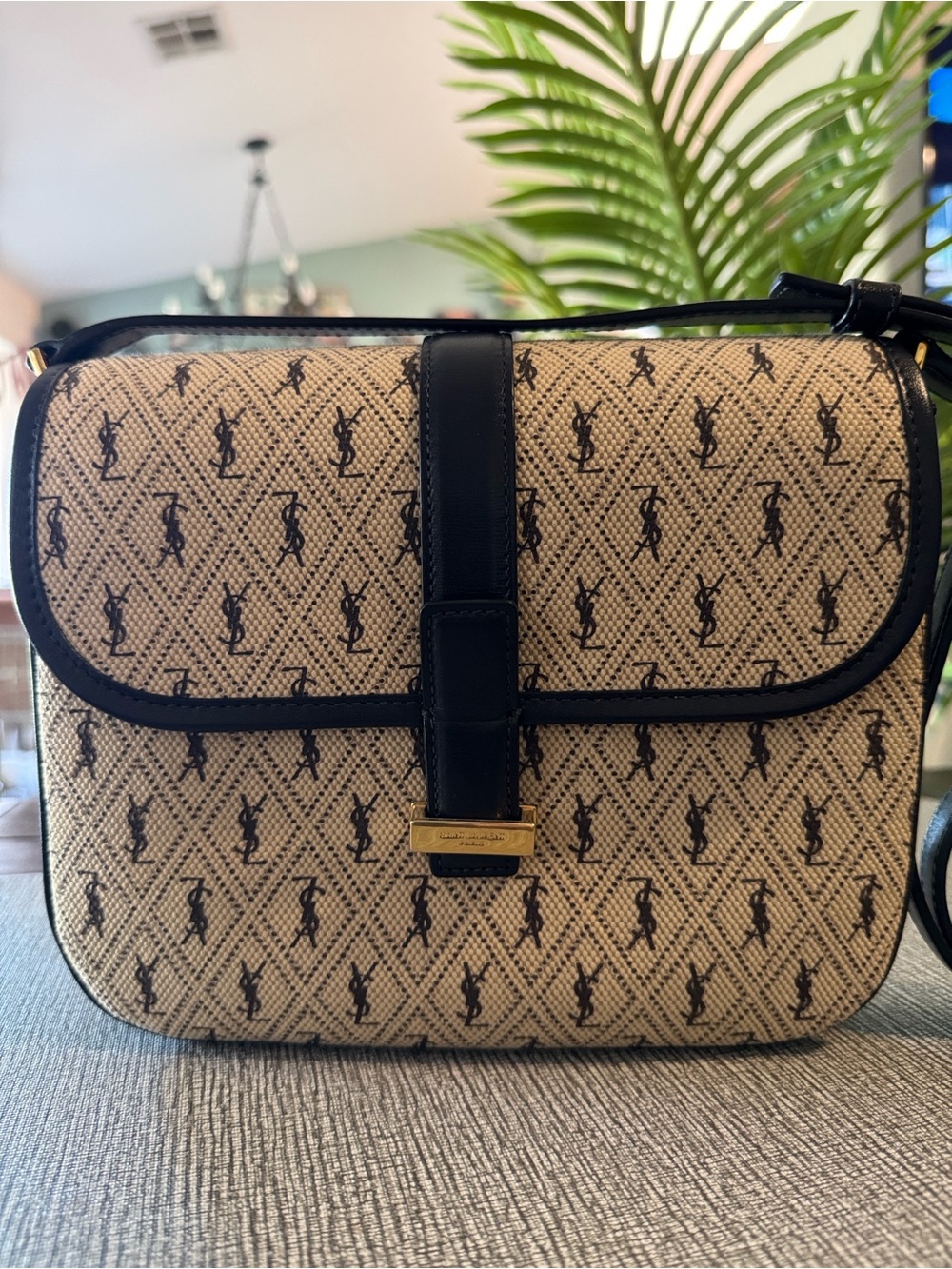 Saint Laurent Beige Canvas Le Monogram Shoulder Bag with Black Leather Trim